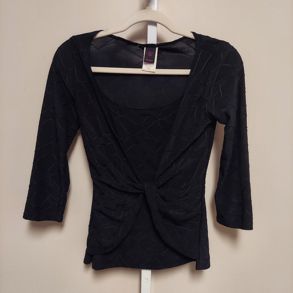 Wrapper Womens Black Textured Twist Front 3/4 Sleeve Top Small Y2K Whimsigoth